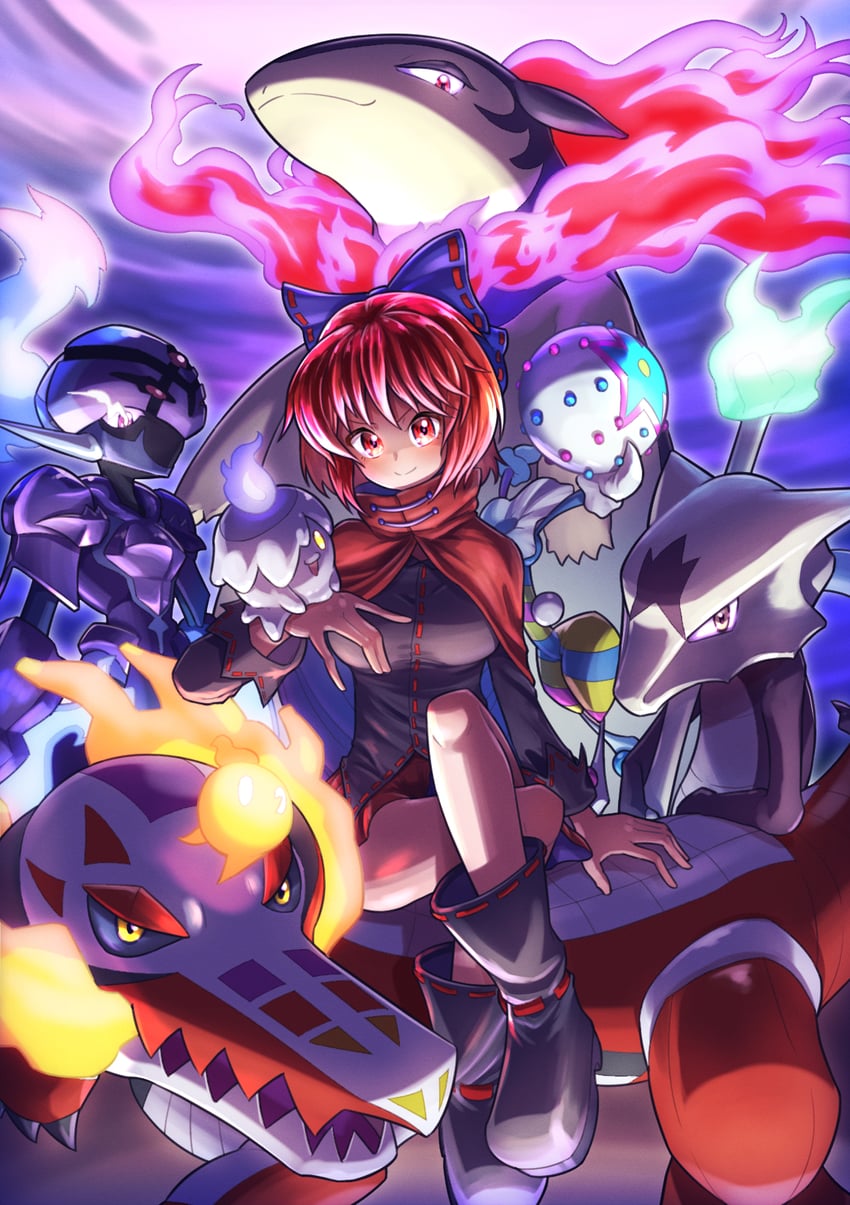 sekibanki, litwick, typhlosion, ceruledge, skeledirge, and 2 more (touhou and 1 more) drawn by fumirumochigashin