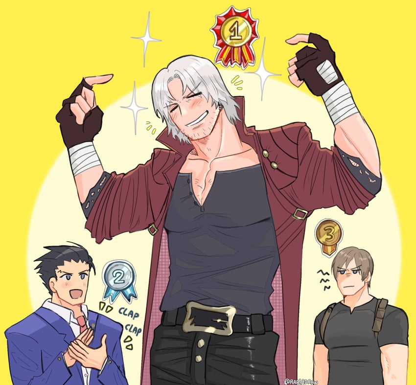 dante, leon s. kennedy, and phoenix wright (resident evil and 5 more) drawn by rabiadraw