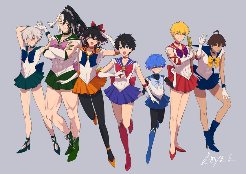 fujimaru ritsuka, gilgamesh, sailor moon, ashiya douman, sailor mercury, and 9 more (fate and 2 more) drawn by o-miya_(ohmiya_you)