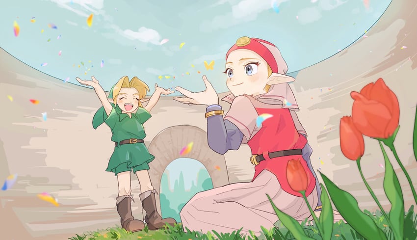 link, princess zelda, young link, and young zelda (the legend of zelda and 1 more) drawn by yamori_(yamoooon21)