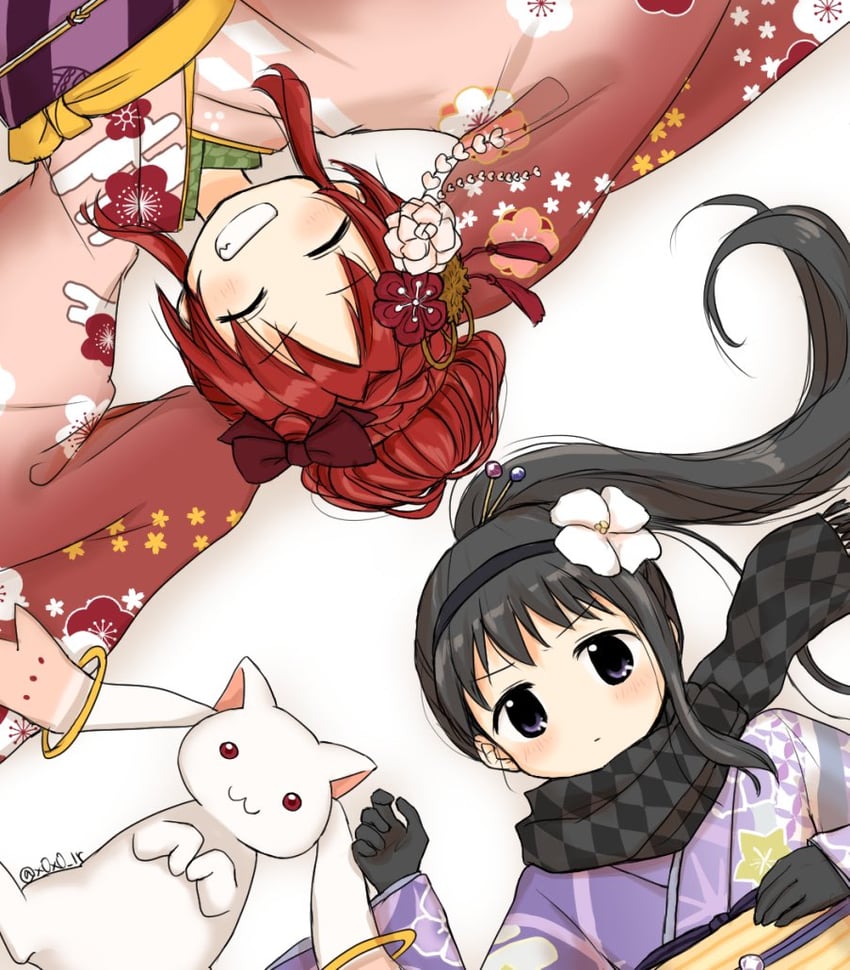 akemi homura, sakura kyoko, and kyubey (mahou shoujo madoka magica and 1 more) drawn by rioran