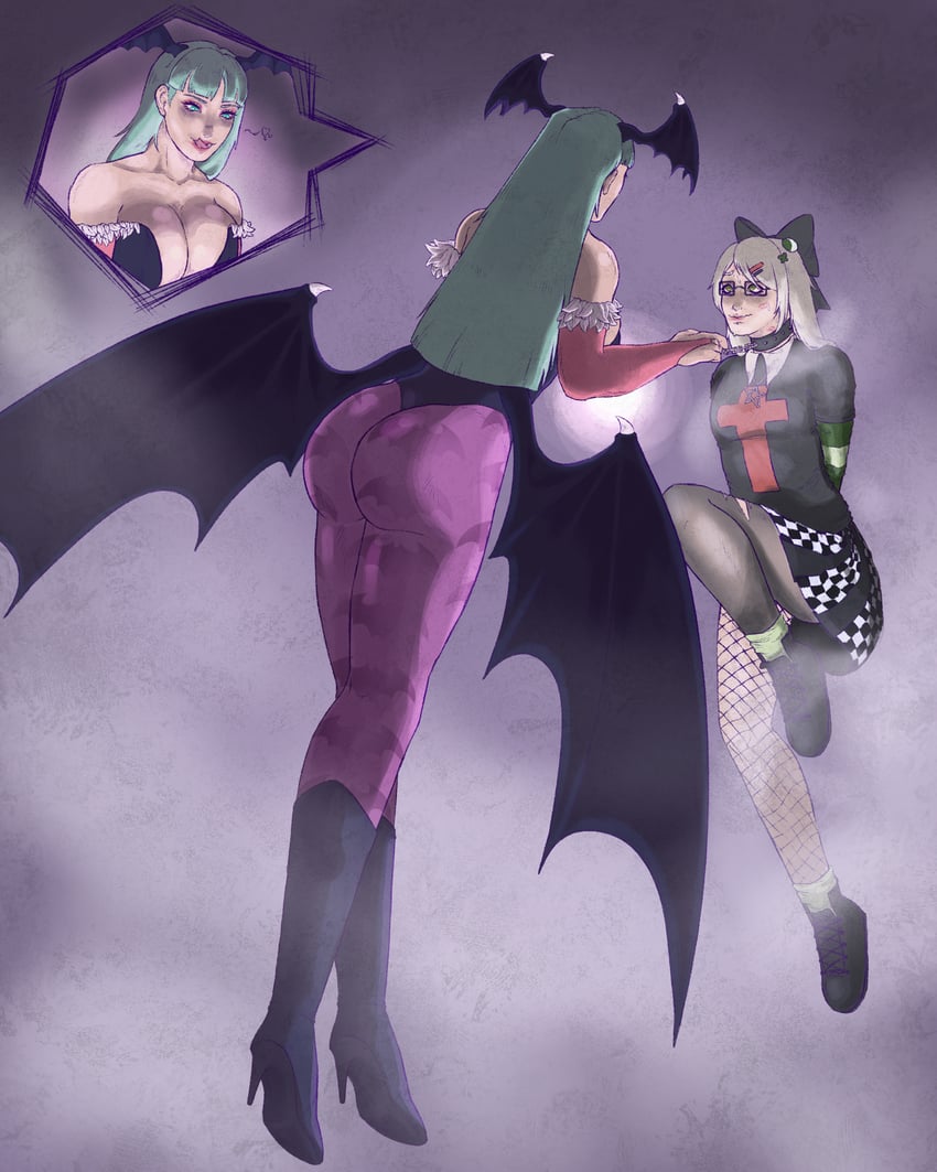 morrigan aensland and amysel jinkusu-p (indie virtual youtuber and 1 more) drawn by nekoba