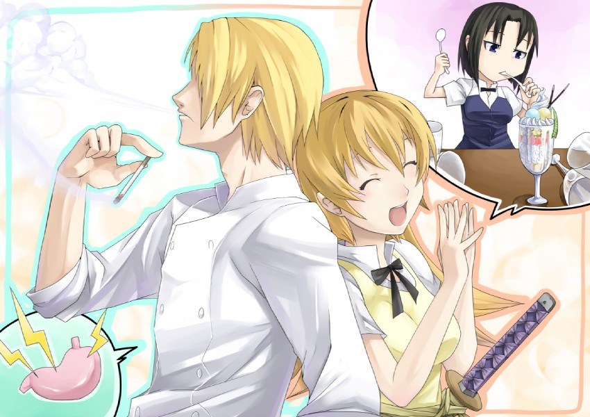 todoroki yachiyo, satou jun, and shirafuji kyouko (working!!) drawn by kaisendon_(ebi)