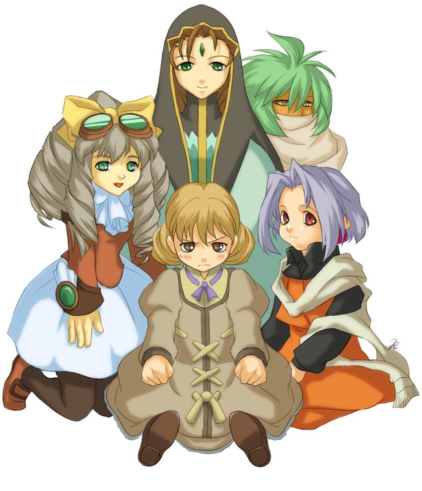 emerada, maria balthasar, primera black, queen zephyr, and midori uzuki (xenogears) drawn by ryukia