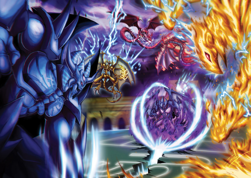 osiris the sky dragon, the winged dragon of ra, obelisk the tormentor, raviel lord of phantasms, uria lord of searing flames, and 1 more (yu-gi-oh! and 2 more) drawn by krausarts