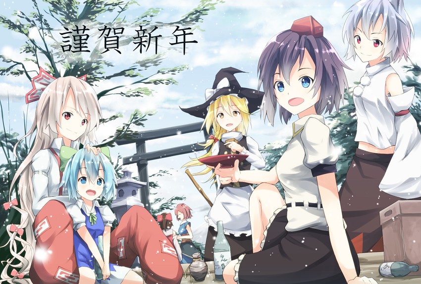 hakurei reimu, kirisame marisa, cirno, shameimaru aya, fujiwara no mokou, and 2 more (touhou) drawn by hidaka_kouyou