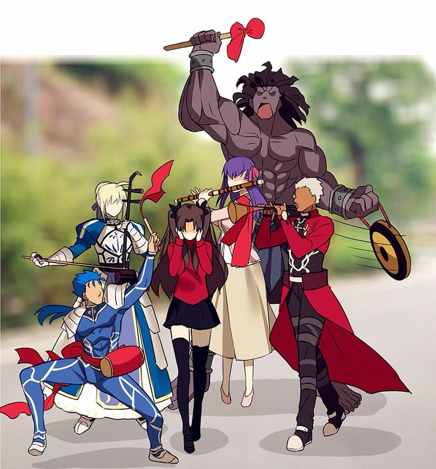 artoria pendragon, saber, tohsaka rin, matou sakura, cu chulainn, and 2 more (fate and 1 more) drawn by yaoshi_jun