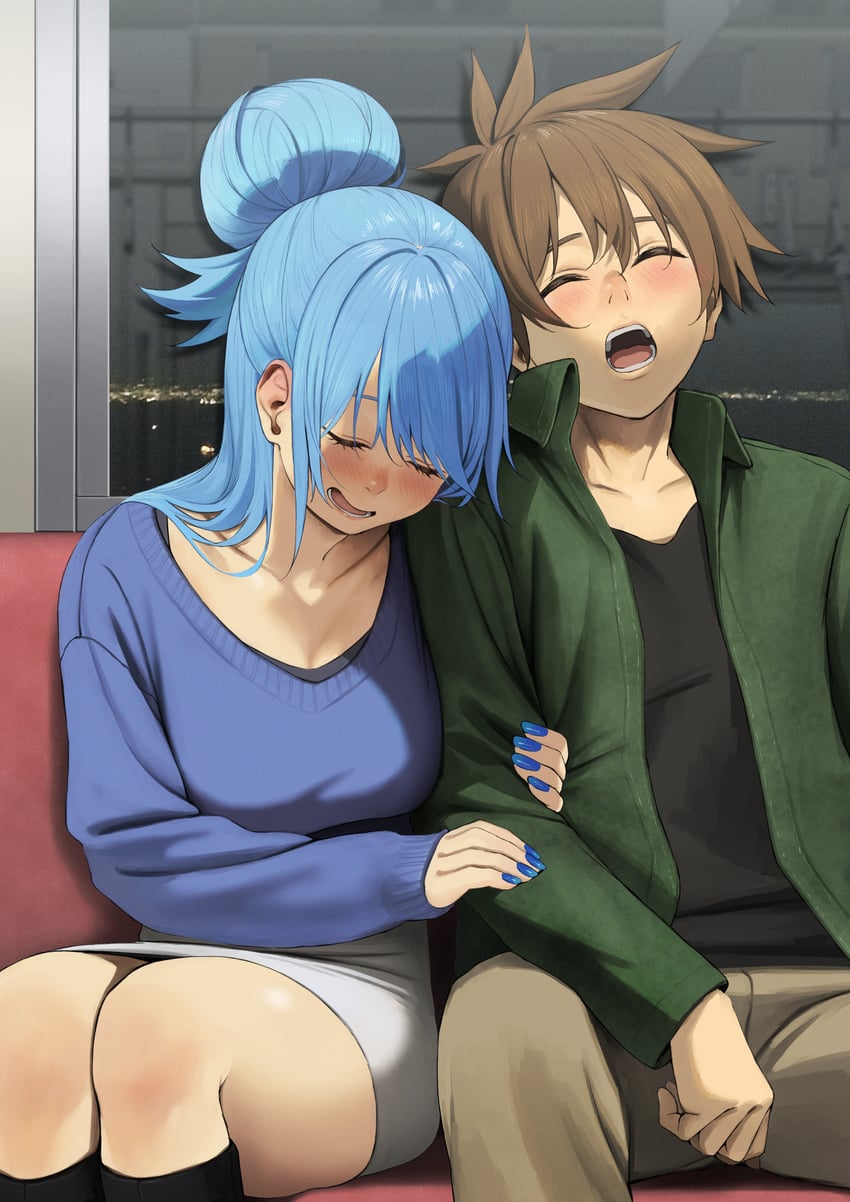aqua and satou kazuma (kono subarashii sekai ni shukufuku wo!) drawn by izawa_(bhive003)