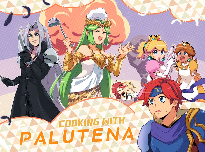 pyra, princess peach, sephiroth, princess daisy, palutena, and 2 more (fire emblem and 8 more) drawn by zoruachu