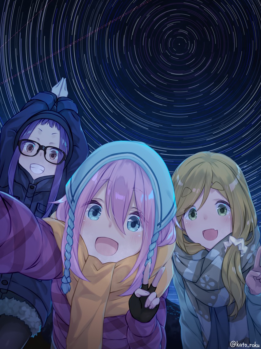 kagamihara nadeshiko, inuyama aoi, and oogaki chiaki (yurucamp) drawn by katoroku