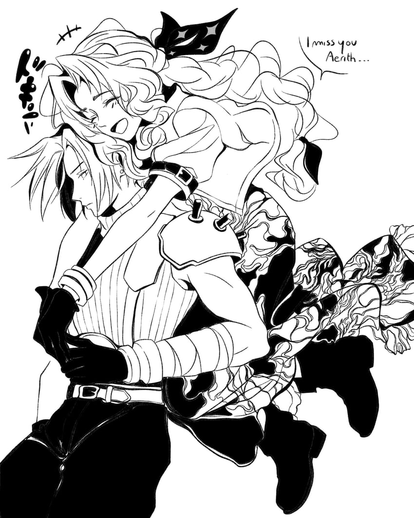 cloud strife and aerith gainsborough (final fantasy and 3 more) drawn by demonerith