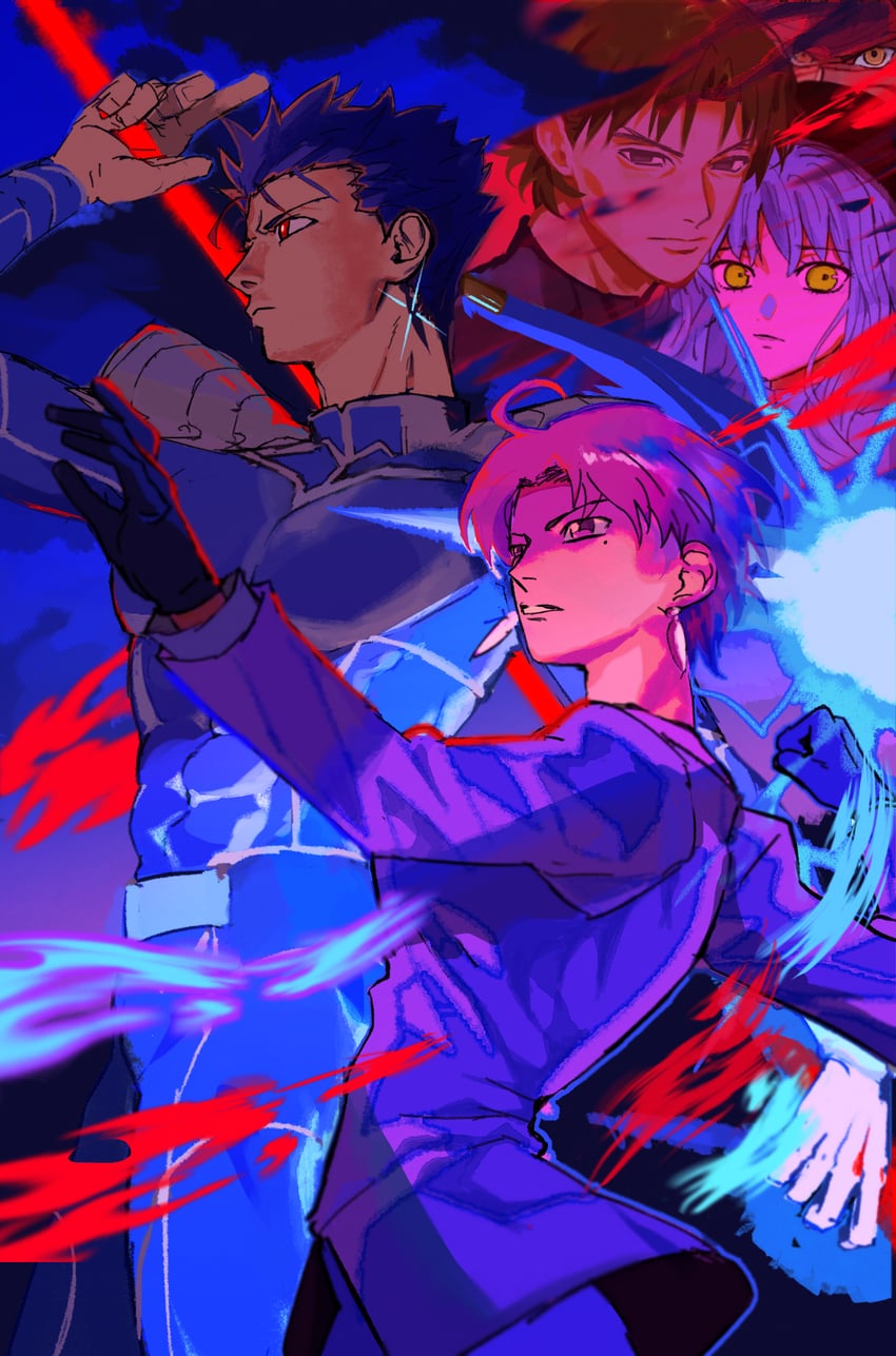 cu chulainn, kotomine kirei, caren hortensia, bazett fraga mcremitz, and angra mainyu (fate and 1 more) drawn by erk_(okra_ecory)