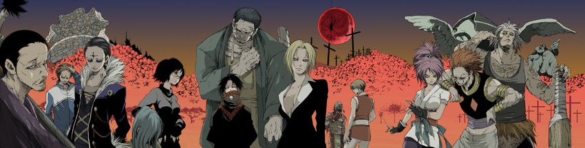 hisoka morow, chrollo lucilfer, shizuku murasaki, machi komacine, feitan portor, and 8 more (hunter x hunter) drawn by makkamu