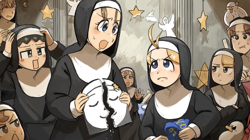 clumsy nun, froggy nun, spicy nun, hungry nun, eyelashes nun, and 3 more (little nuns) drawn by diva_(hyxpk)