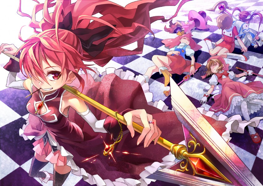 sakura kyoko, takamachi nanoha, kinomoto sakura, raising heart, harukaze doremi, and 2 more (mahou shoujo madoka magica and 6 more) drawn by taniguchi_seima
