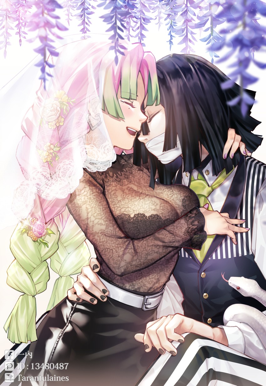 kanroji mitsuri, iguro obanai, and kaburamaru (kimetsu no yaiba) drawn by tarantulaines