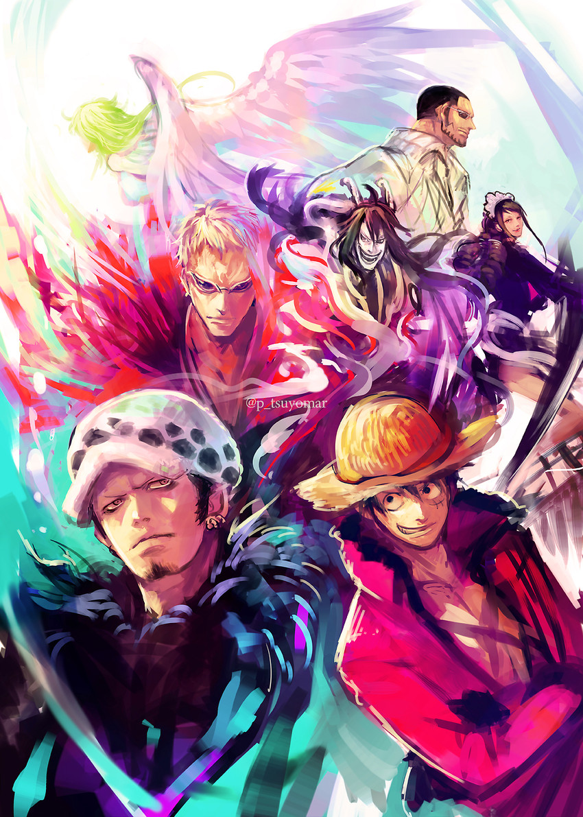 monkey d. luffy, trafalgar law, donquixote doflamingo, baby 5, monet, and 2 more (one piece) drawn by tsuyomaru