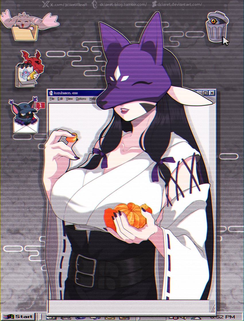 guilmon, lopmon, kuramon, blacktailmon uver., and kuzuhamon: miko mode (digimon and 3 more) drawn by dclaret