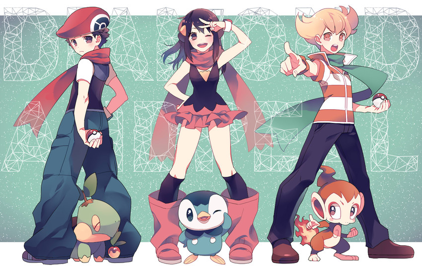 dawn, piplup, lucas, barry, turtwig, and 1 more (pokemon and 1 more) drawn by gum_(gmng)