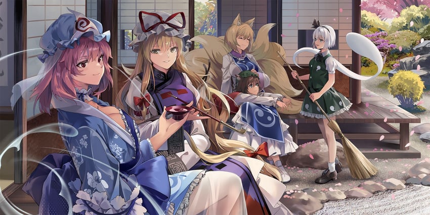 konpaku youmu, yakumo yukari, saigyouji yuyuko, yakumo ran, and chen (touhou and 1 more) drawn by neko_(yanshoujie)