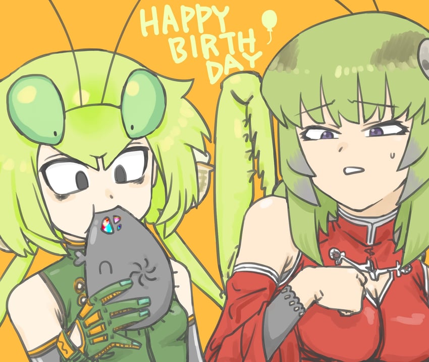 mantis akiyama and grasshopper inoue (nikushoku jk mantis akiyama) drawn by matangom