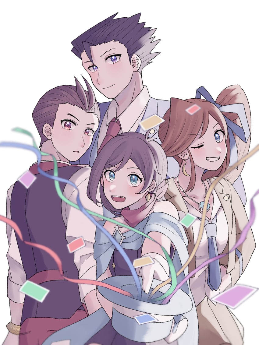 phoenix wright, apollo justice, trucy wright, and athena cykes (ace attorney) drawn by sakami_ameka