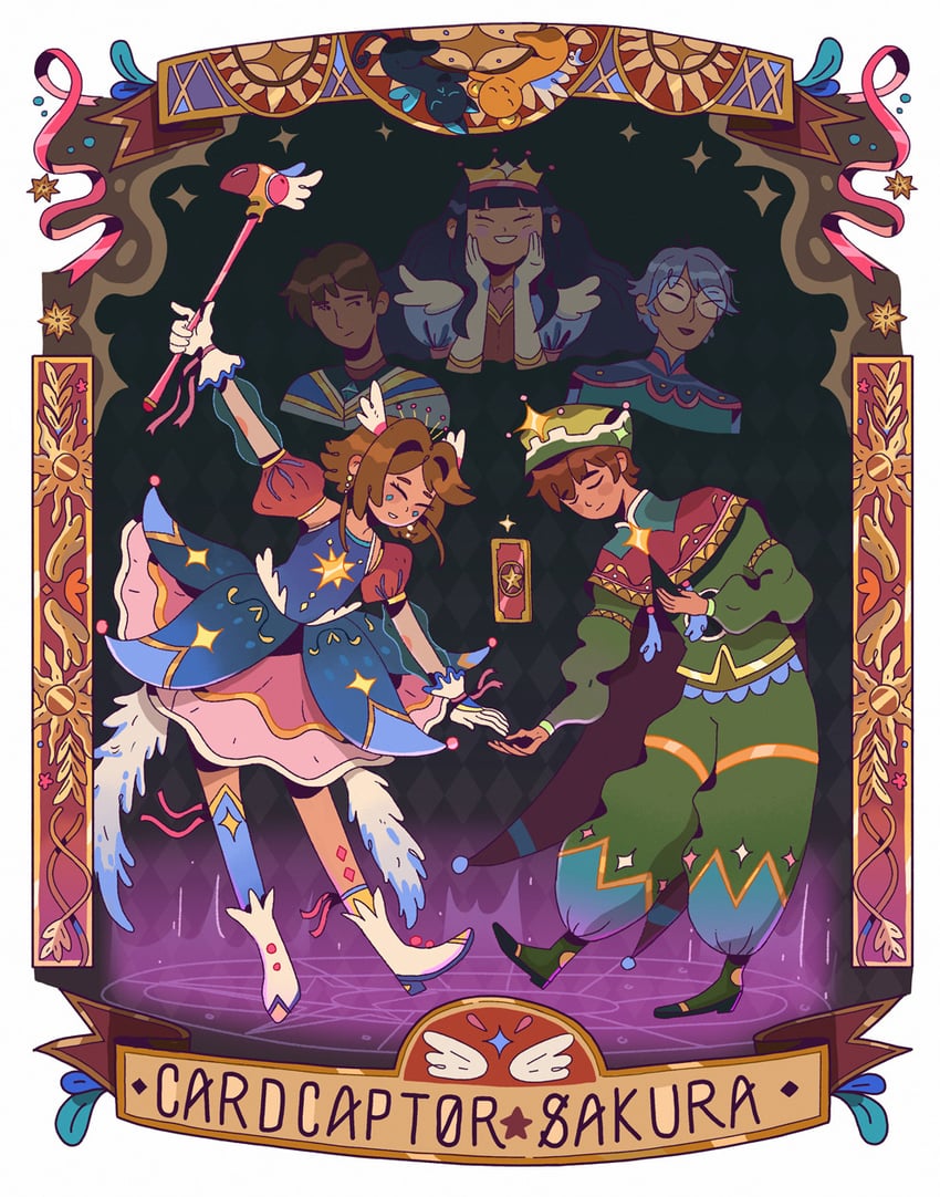kinomoto sakura, kero, daidouji tomoyo, li syaoran, kinomoto touya, and 2 more (cardcaptor sakura) drawn by suzcorriander