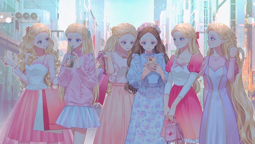 barbie, anneliese, erika, rapunzel, odette, and 2 more (barbie and 5 more) drawn by okitafuji