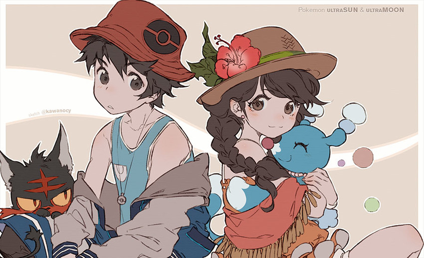 selene, elio, popplio, and litten (pokemon and 1 more) drawn by kawacy