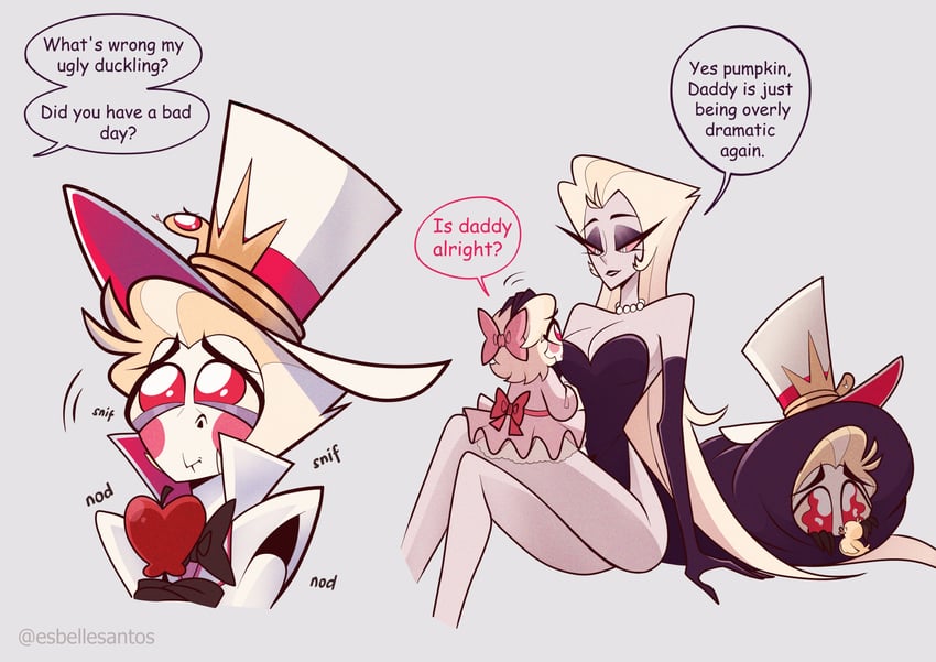 lucifer morningstar, charlie morningstar, and lilith (hazbin hotel) drawn by esbellesantos