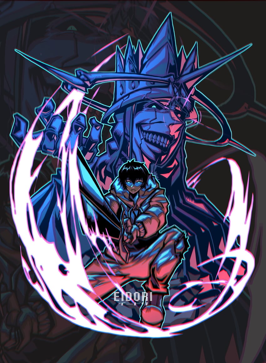 sung jin-woo and statue of god (solo leveling) drawn by eidori