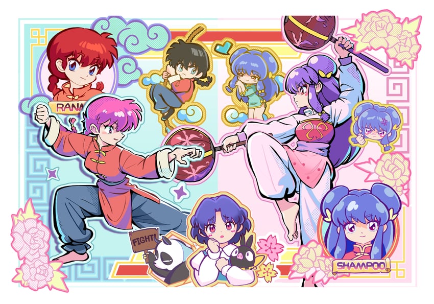ranma-chan, tendou akane, saotome ranma, p-chan, and saotome genma (ranma 1/2) drawn by ilc07137
