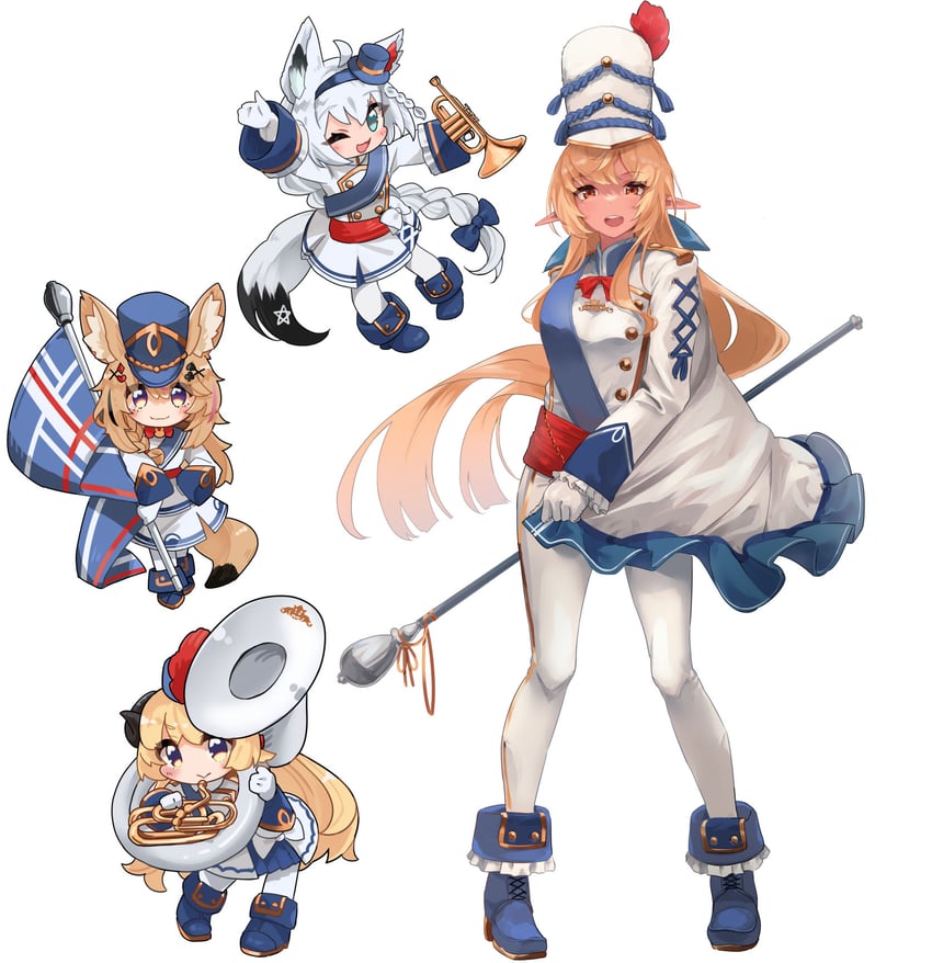 shirakami fubuki, shiranui flare, omaru polka, and tsunomaki watame (hololive) drawn by mochiyuki_(gigfor1)