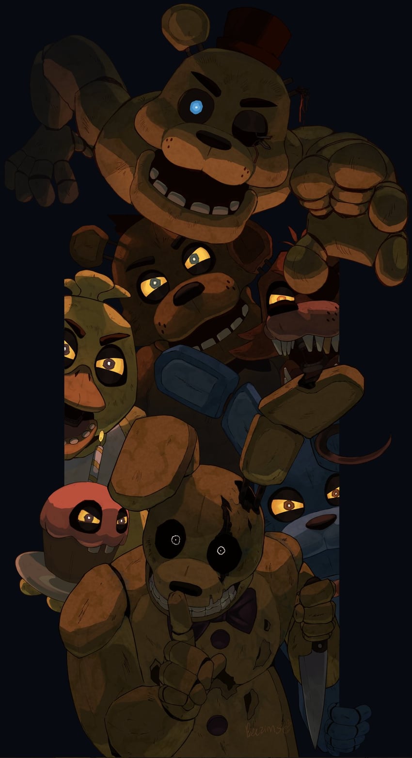 freddy fazbear, chica, foxy, bonnie, springtrap, and 3 more (five nights at freddy's) drawn by beezims