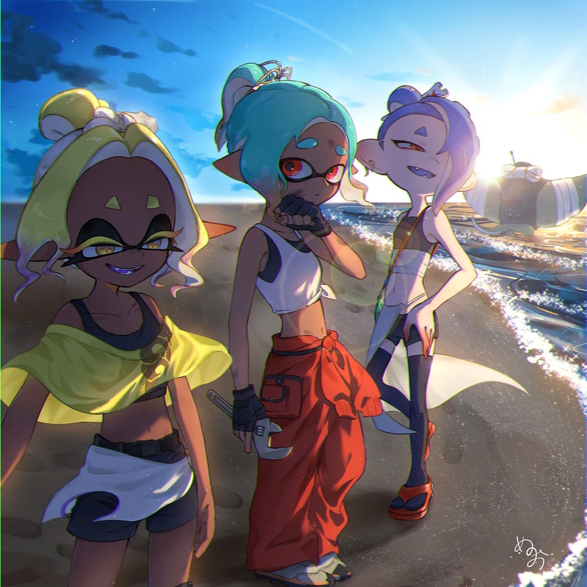 inkling player character, inkling girl, shiver, frye, big man, and 1 more (splatoon and 1 more) drawn by nuo_001