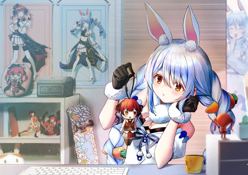 houshou marine, usada pekora, and pekomama (hololive) drawn by nishiuji