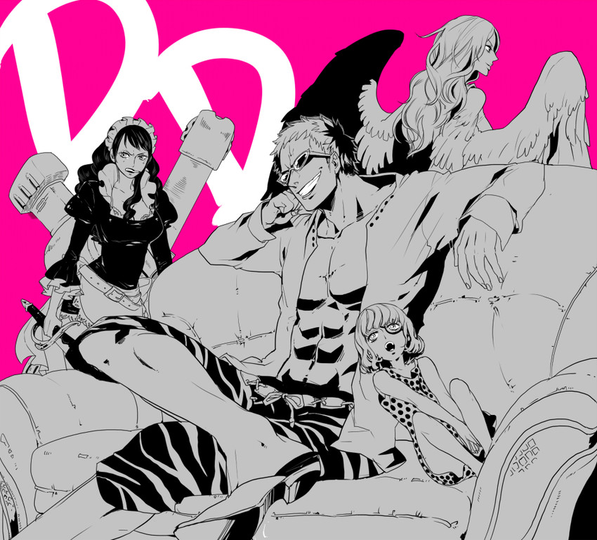 donquixote doflamingo, baby 5, monet, and sugar (one piece) drawn by nanigashi_(xla009)