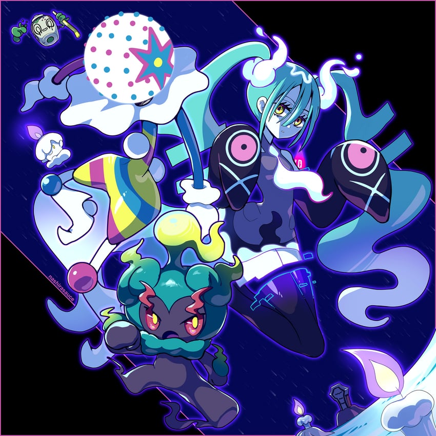 hatsune miku, litwick, ghost miku, marshadow, greavard, and 3 more (pokemon and 2 more) drawn by nashirasauce