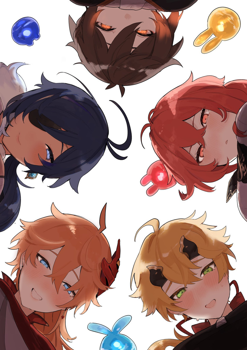 zhongli, tartaglia, diluc, kaeya, thoma, and 1 more (genshin impact) drawn by tabibitowayo