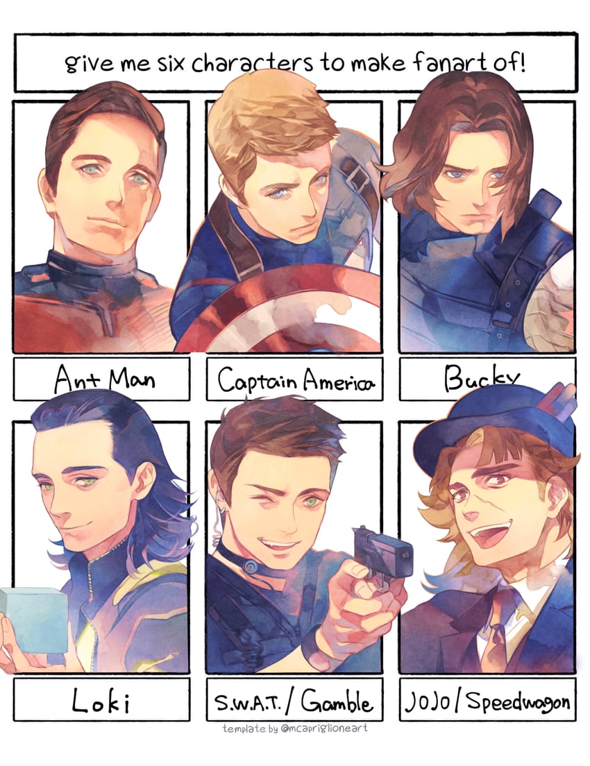 steve rogers, captain america, bucky barnes, robert e. o. speedwagon, loki, and 3 more (jojo no kimyou na bouken and 7 more) drawn by roku0180