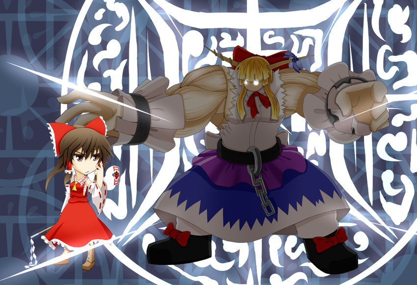 hakurei reimu, ibuki suika, and iron tager (touhou and 1 more) drawn by kuroshiro_(ms-2420)