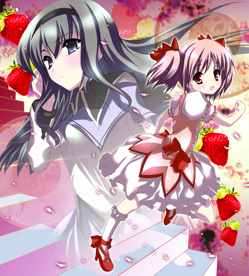 akemi homura and kaname madoka (mahou shoujo madoka magica) drawn by hrm