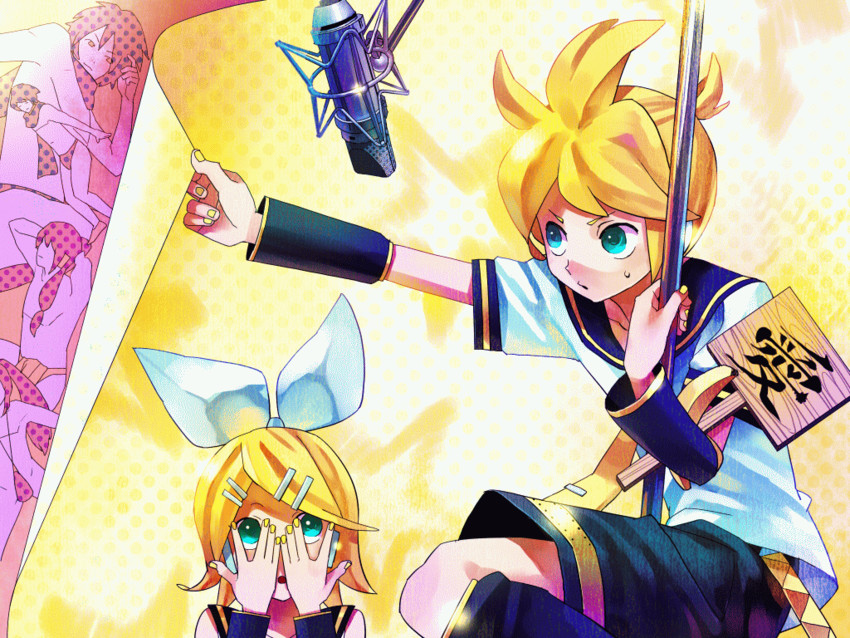 kagamine rin, kagamine len, kaito, and kamui gakupo (vocaloid) drawn by gum_(gmng)