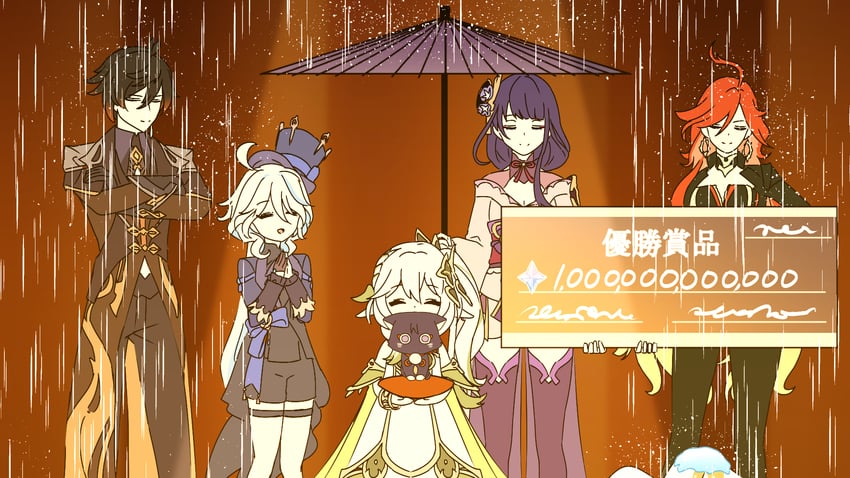 raiden shogun, furina, nahida, zhongli, mavuika, and 1 more (genshin impact and 1 more) drawn by narumi76994258