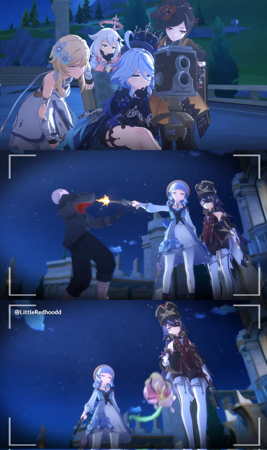 lumine, furina, paimon, kamisato ayaka, chiori, and 1 more (genshin impact) drawn by littleredhoodd