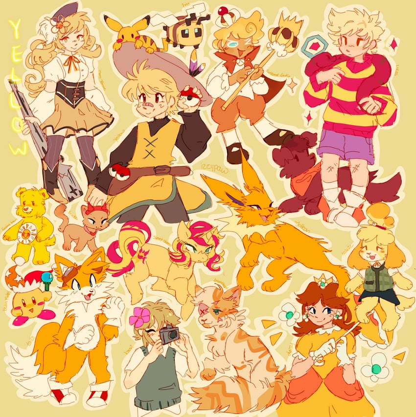 tomoe mami, pikachu, kirby, basil, princess daisy, and 15 more (pokemon and 19 more) drawn by izzypaw