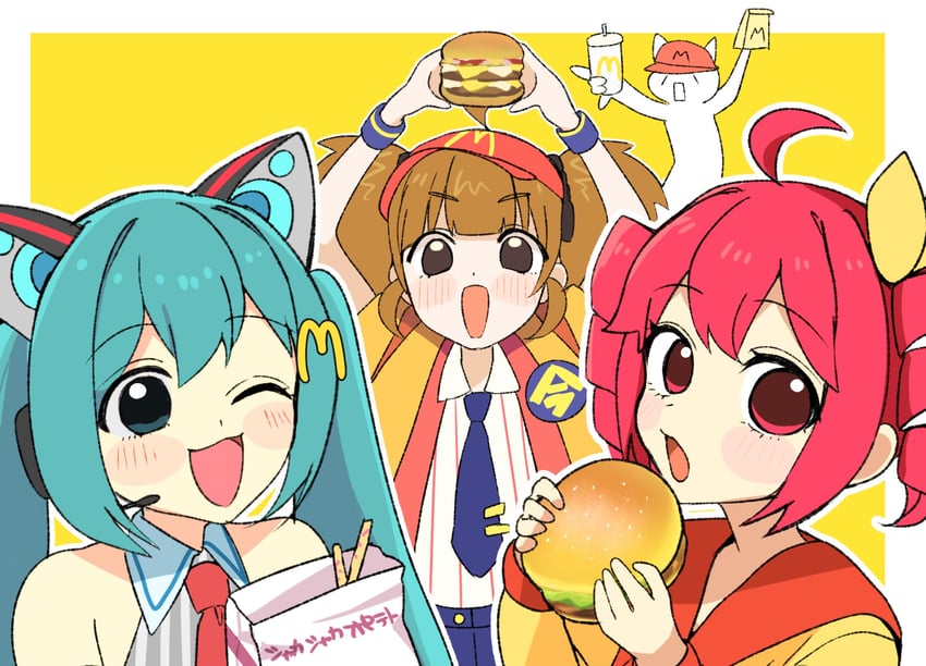 hatsune miku, kasane teto, imadake dabuchi tabemi, and 8toushin (vocaloid and 6 more) drawn by manpukuman