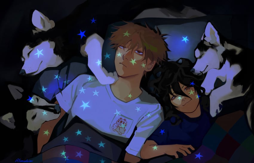 denji, nayuta, and garfield (chainsaw man and 1 more) drawn by somedeimi
