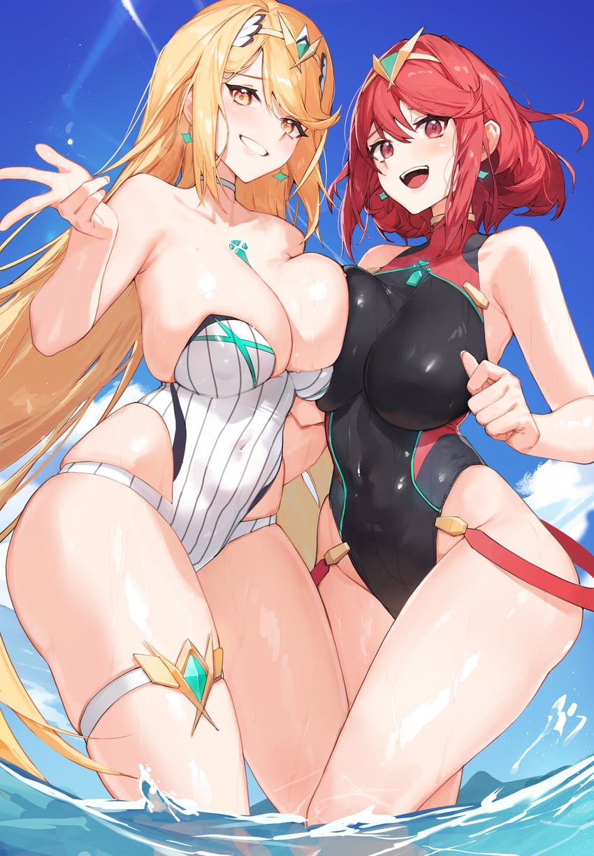 pyra and mythra (xenoblade chronicles and 1 more) drawn by tunamayo_(dsasd751)