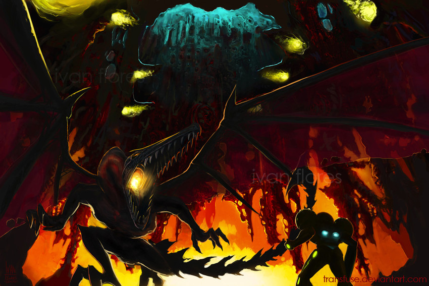 samus aran and ridley (metroid and 1 more) drawn by ivan_flores